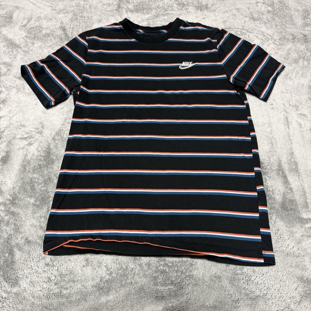 Nike Mens M Striped Short Sleeve Crewneck T-Shirt Black Blue Orange Swoosh Logo